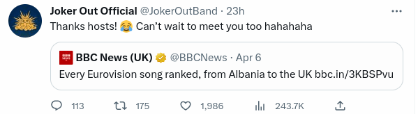 Joker Out response to BBC tweet is Thanks hosts1 (cry laugh emoji) Can't wait to meet you too hahahahaha
